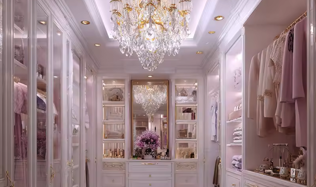 Guarda-roupa glamoroso com lustre de veludo rosa