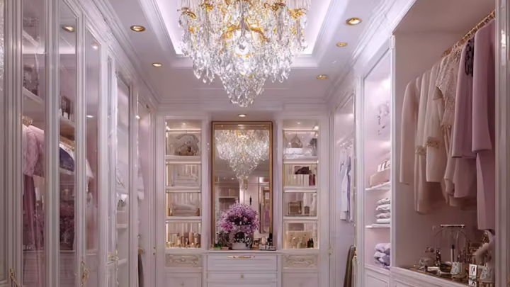 Guarda-roupa glamoroso com lustre de veludo rosa